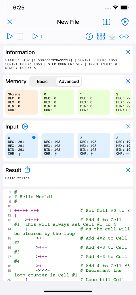 Interfaz de la aplicación Brainfuck IDE que muestra un editor de código con valores de celdas de memoria e información de depuración