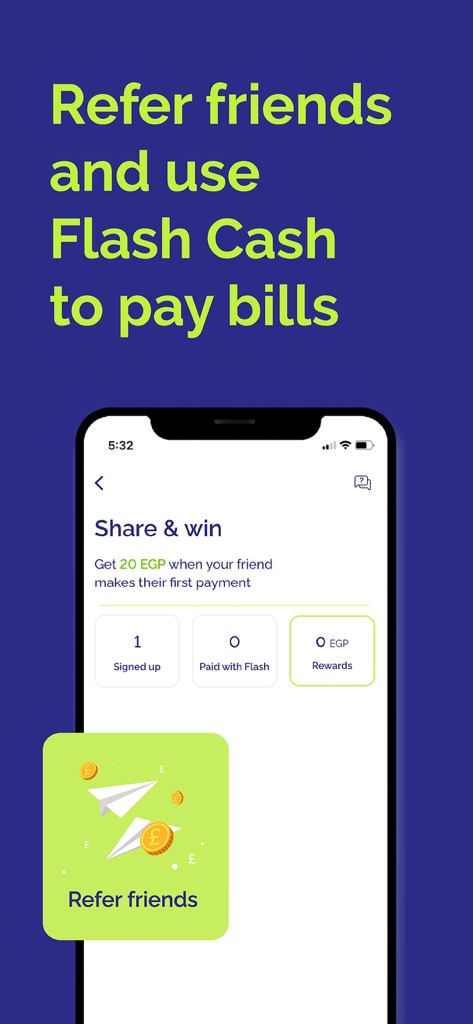 Flash: Mobile Payments & Bills - Flash 모바일 앱 추천 화면에 친구 초대 시 공유 및 보상 획득 기능이 표시됨