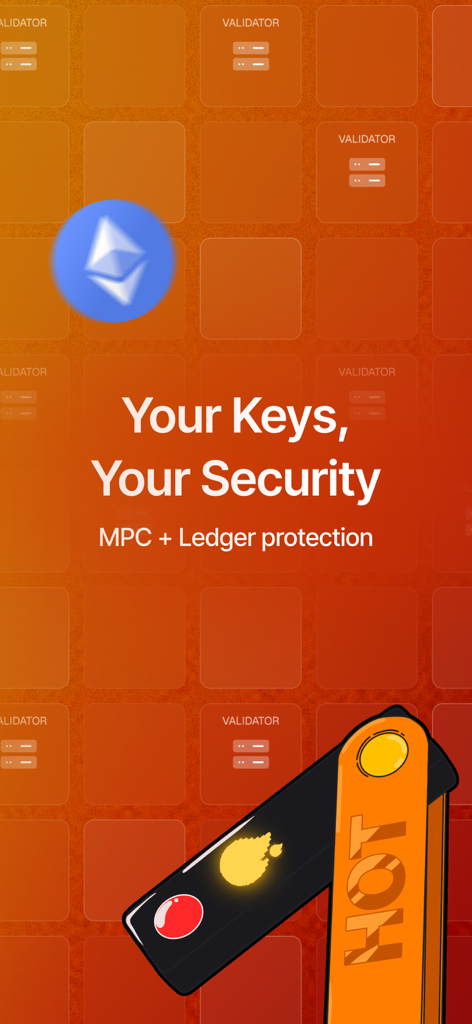HOT Crypto Walletセキュリティ画面。MPCとLedger保護のテキストとともに「Your Keys Your Security」を表示しています。