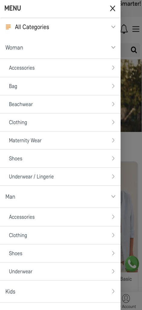 Btobturk - Btobturk mobile app sidebar menu displaying various wholesale product categories like clothing and accessories