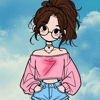 girl with a messy ponytail glasses a baggy crop top and jean shorts