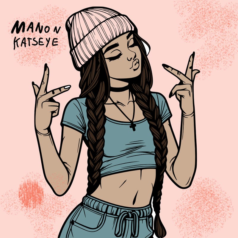 realistic teenage girl with braids and a beanie and crop top doing 🫶🏼