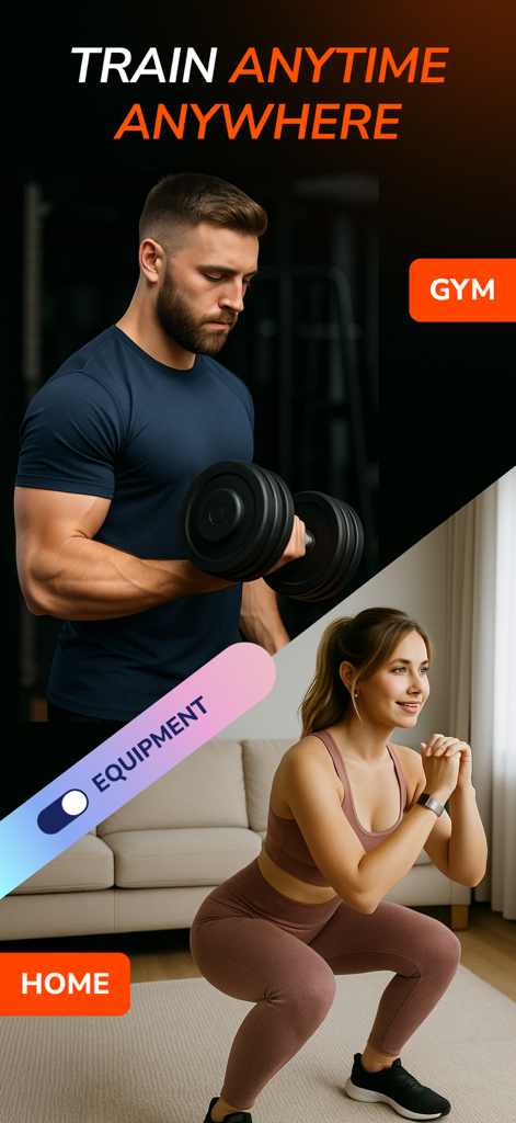 ChAthlete・AI Fitness Coach App - Un uomo che solleva un manubrio in palestra e una donna che fa squat a casa con un selettore di attrezzatura