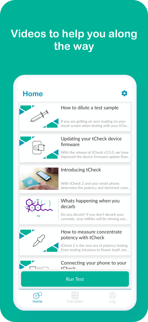 The home screen of the tCheck app displaying a list of instructional videos for potency testing and device setup