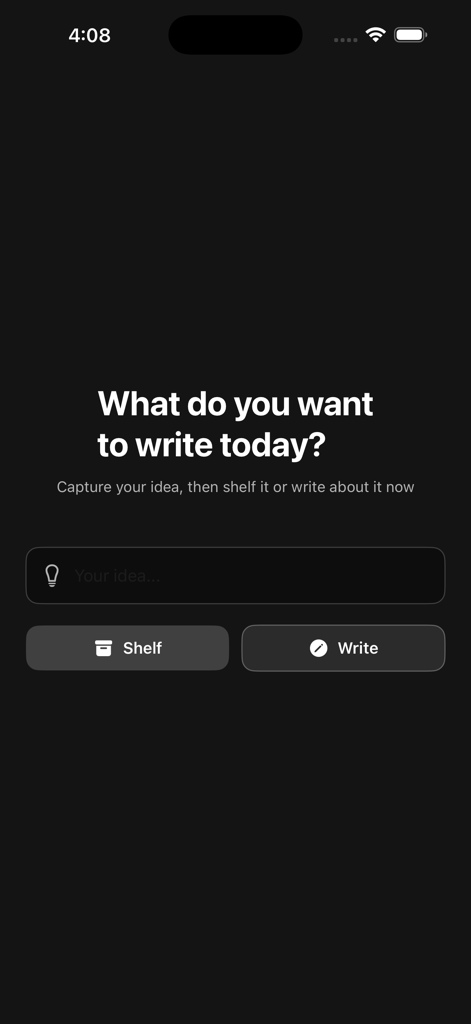 Scribble.io app home screen with text input to capture ideas and buttons to shelf or write
