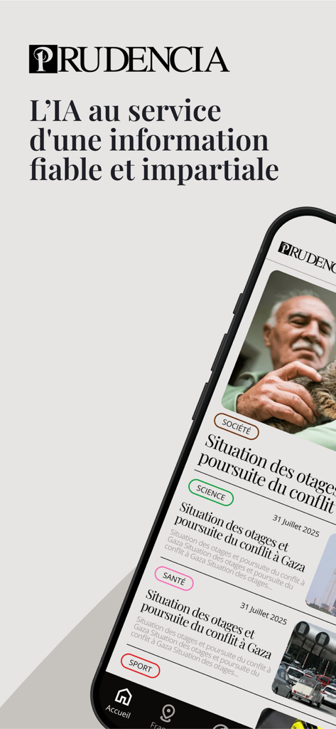 Prudencia - Smartphone screen showing the Prudencia app interface with AI powered impartial news and headlines