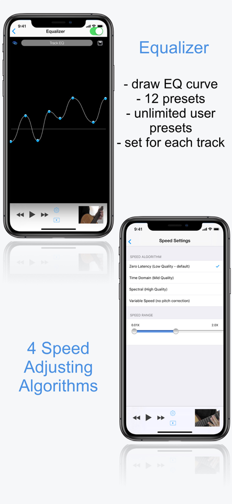 SpeedUpTV + - SpeedUpTVプラスアプリのスクリーンショット。イコライザーと速度調整アルゴリズムを示しています。