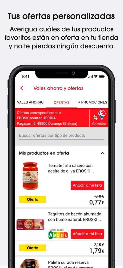 Interface móvel da aplicação EROSKI mostrando descontos de mercearia personalizados e cupões digitais