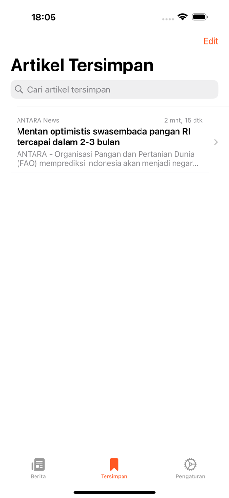 Interface of the Indonesia Berita News app showing the saved articles section with a list of bookmarked news stories.