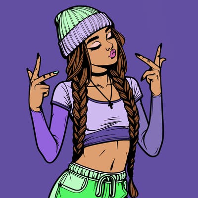 realistic teenage girl with braids and a beanie and crop top doing 🫶🏼
