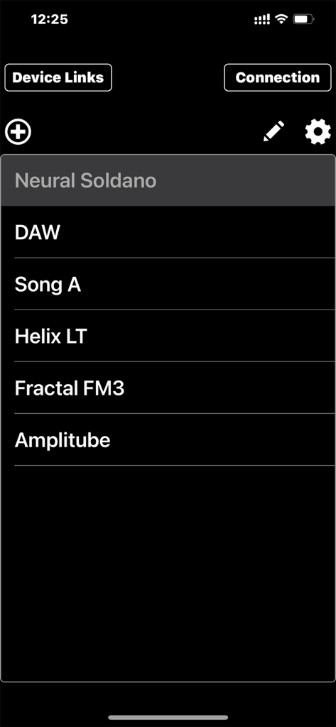 MC Pad - Bluetooth MIDI - A list of MIDI device presets in the MC Pad app including DAW, Helix LT, and Fractal FM3
