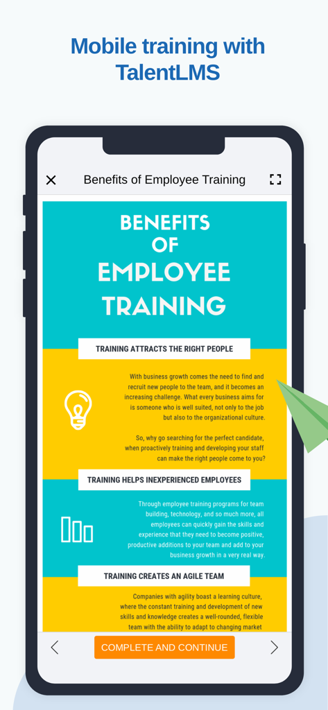 TalentLMS - A smartphone displaying a TalentLMS course module titled Benefits of Employee Training with sections on attracting talent and building agile teams.