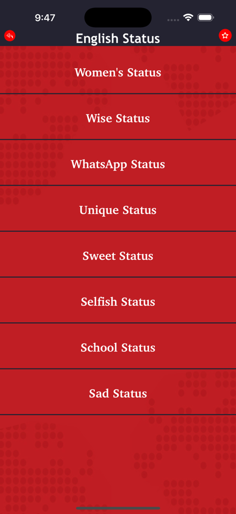 Love Status - Romantic Quotes - A list of English status categories in the Love Status app including Women Wise and WhatsApp