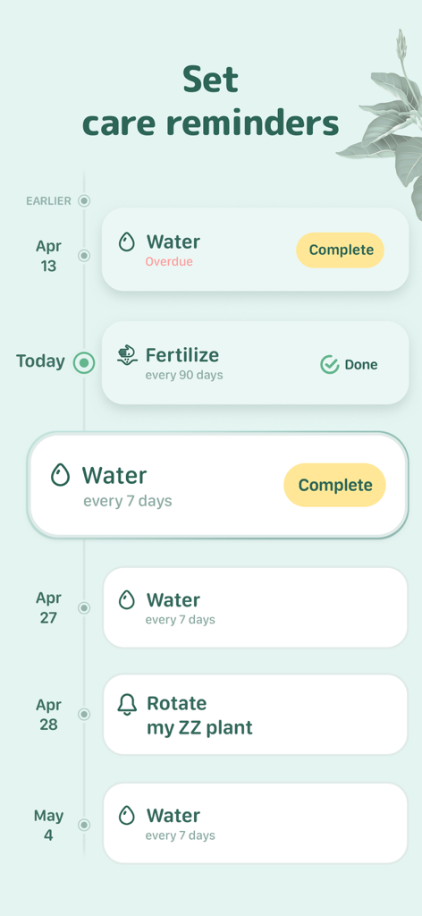 Blossom - Plant Care Guide - Interfaccia dell'app mobile che mostra un programma di attività di cura delle piante come irrigazione e fertilizzazione