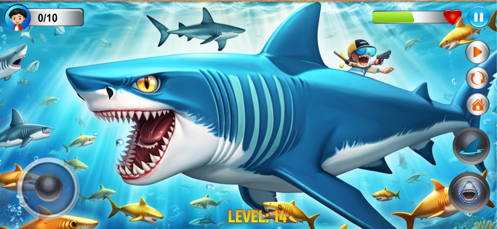 Angry Shark Simulator Games 3d - A large blue shark with sharp teeth swimming in a 3D underwater world in the Angry Shark Simulator game.