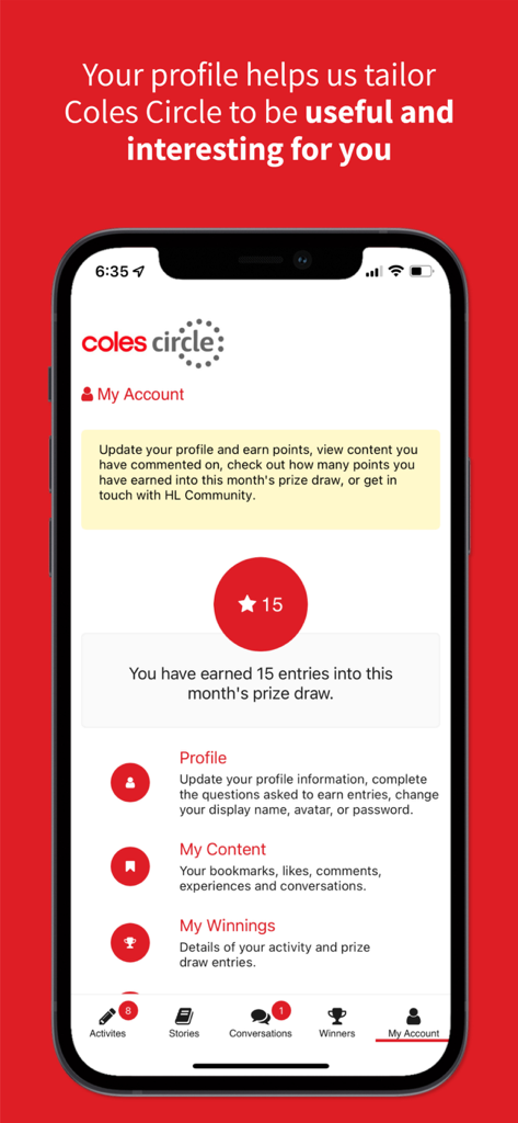 Coles Circle - Coles Circle app My Account screen showing prize draw entries and profile options