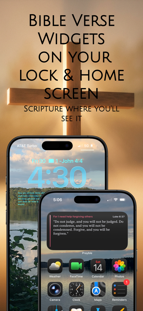 Prayble: Bible Widgets & Verse - iPhone home and lock screen widgets displaying daily Bible verses from the Prayble app.