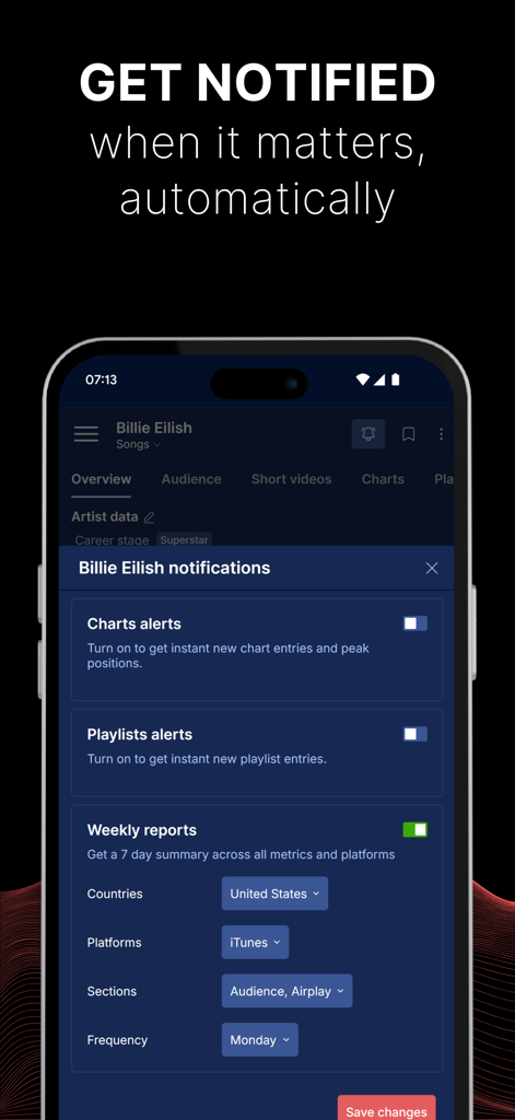 Soundcharts app screen for configuring artist chart and playlist alerts