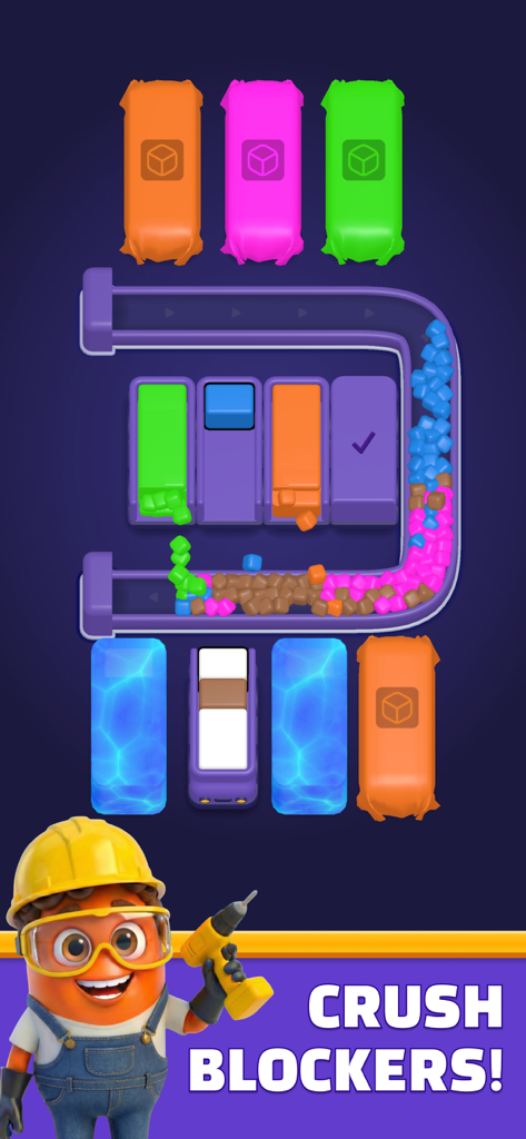 Loop Sort - A construction character with a drill standing next to a sorting puzzle with the text Crush Blockers