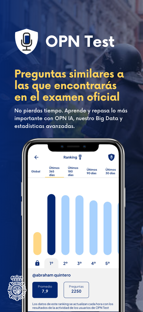 OPN Test Policía Nacional - Interfaz de la aplicación OPN Test que muestra una tabla de clasificación de usuarios y estadísticas de exámenes