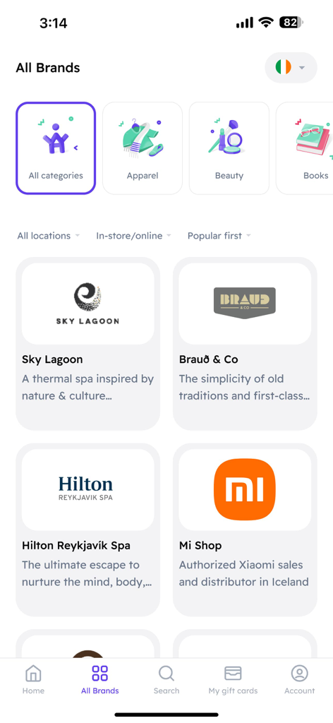 Browse gift card categories and brands in the YAY Moments mobile app