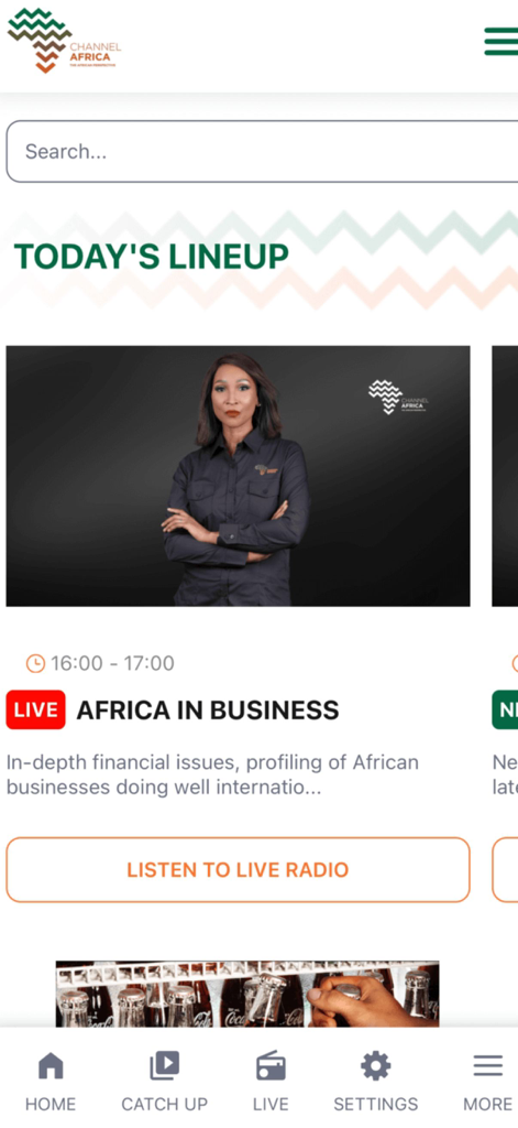 Channel Africa - Channel Africa mobile app interface showcasing the Africa in Business program and live radio playback.