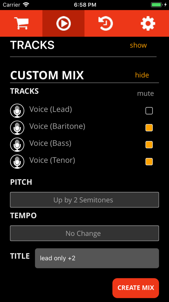 JamTracks - JamTracks app interface for creating a custom vocal mix with pitch and tempo adjustment controls