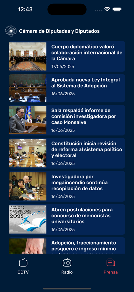 TV Diputad@s Chile - Tela do feed de notícias do aplicativo TV Diputados Chile exibindo vários artigos legislativos e atualizações de imprensa