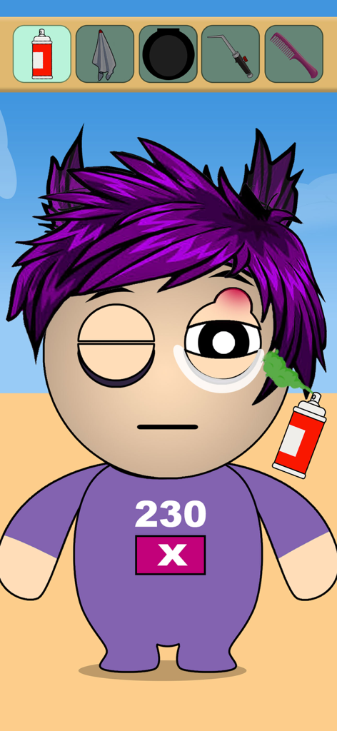 Spooky Monster Transformation - A cartoon character with purple hair and a swollen eye being sprayed with green mist in a grooming mini game.
