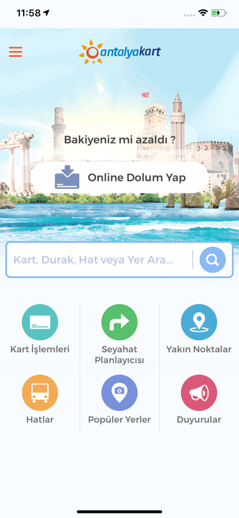 Home screen of the Antalyakart mobile app for Antalya public transportation services