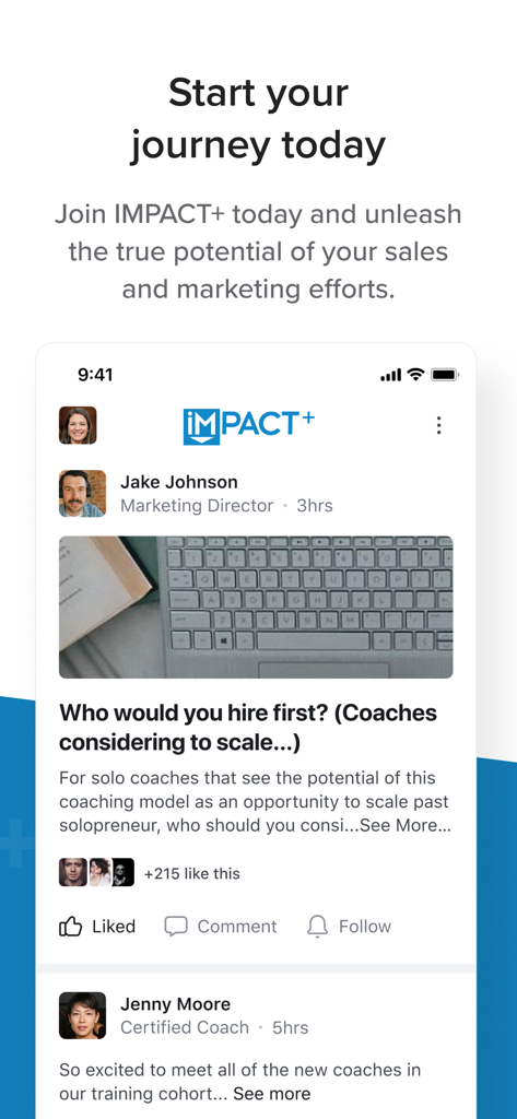 Social feed in the IMPACT plus app showcasing professional networking for marketing and sales