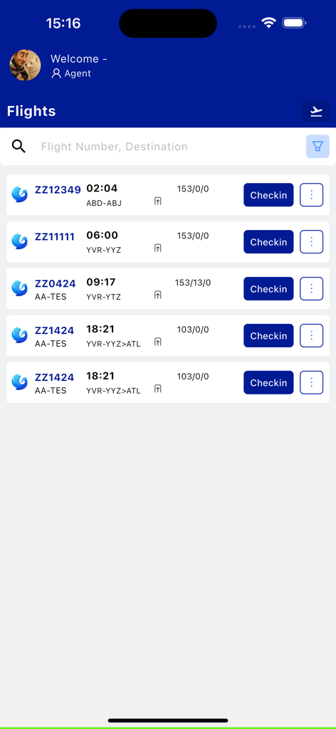 Multi DCS - Agent interface of Multi DCS showing a list of scheduled flights with check-in buttons.