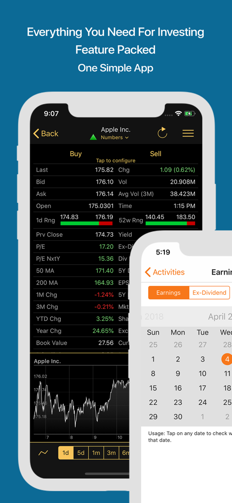 Stocks Live app interface showing detailed stock technical analysis and an earnings calendar