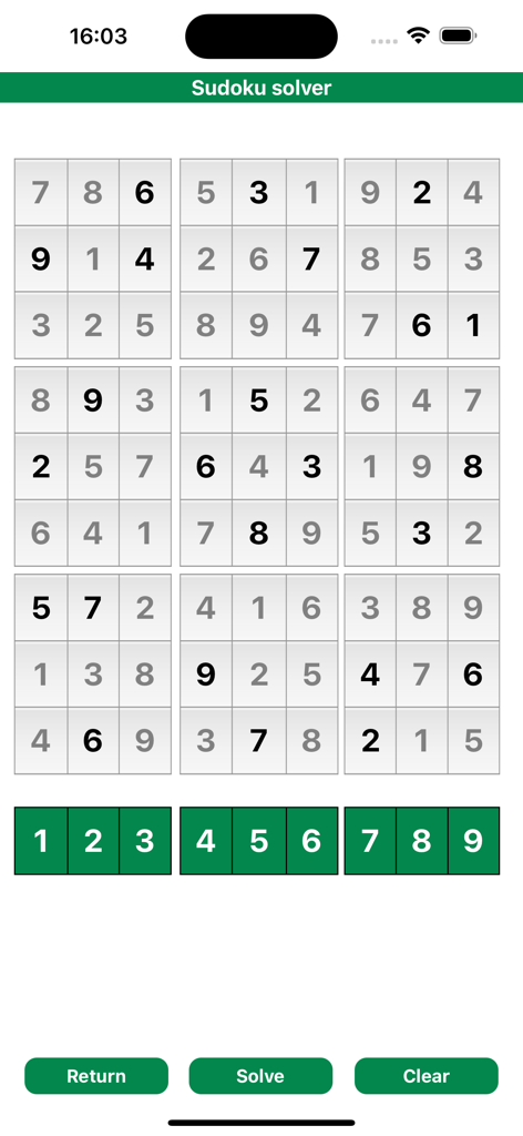 Sudoku solver tool screen in the Geocaching GCTK app featuring a puzzle grid and numeric keypad
