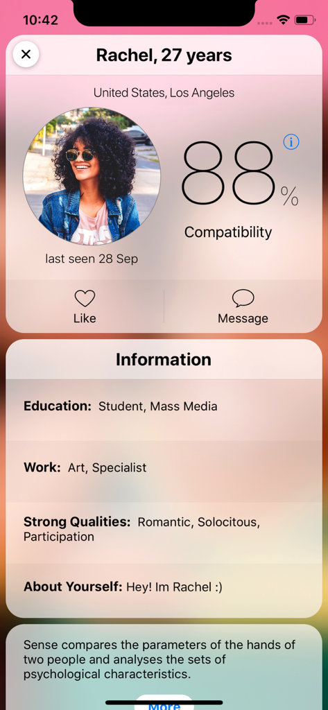 Palmist - Palmist app interface showing an 88 percent compatibility score for a user profile named Rachel.
