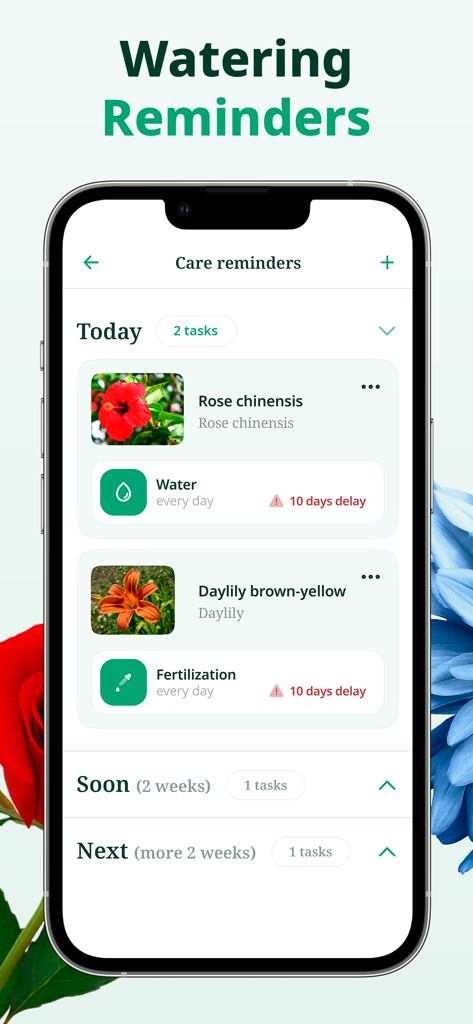 Botanica ID - Plant Identifier - Écran de smartphone affichant l'interface des rappels d'entretien de l'application Botanica ID avec des tâches planifiées pour l'arrosage et la fertilisation.