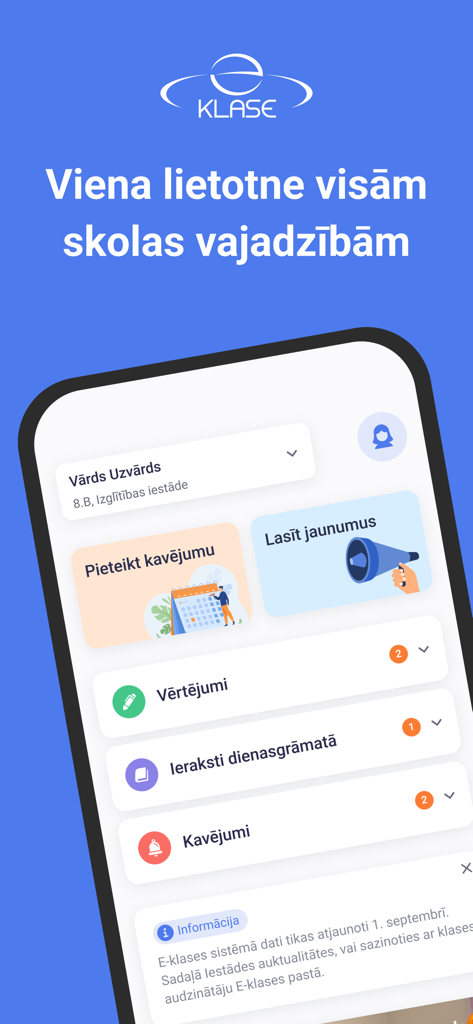 Dashboard of the e-klase school management mobile application featuring sections for grades and reporting absences