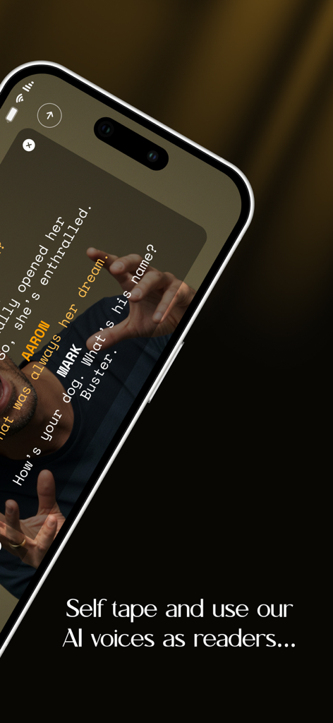 Acting pal: Learn lines - Acting Pal app interface showing a script and an actor recording a self tape with AI voices