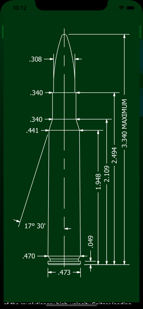 Detailed technical diagram of a rifle cartridge showing dimensions and measurements for reloading