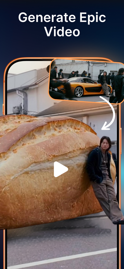 Pixverse AI Video Generator - Un écran de smartphone montrant l'interface de l'application IA Pixverse générant un montage vidéo créatif où une voiture est remplacée par une énorme miche de pain.