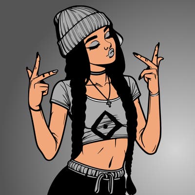 realistic teenage girl with braids and a beanie and crop top doing 🫶🏼