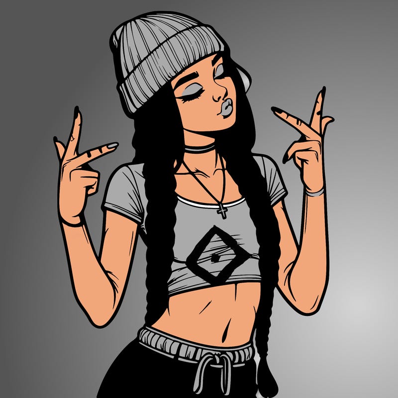 realistic teenage girl with braids and a beanie and crop top doing 🫶🏼