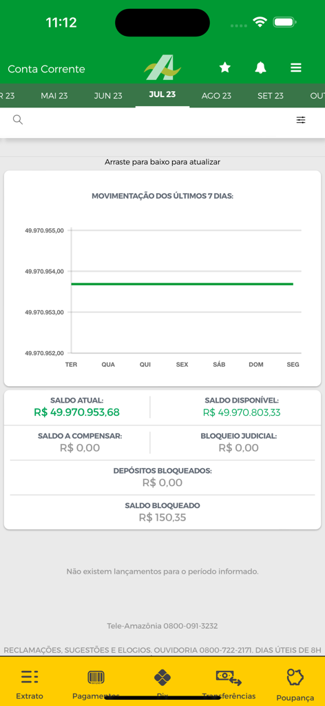 Banco da Amazônia - Banco da Amazonia mobile app dashboard showing checking account balance and a seven day transaction history graph.