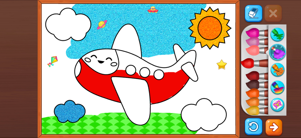 Interface de livro de colorir digital mostrando um avião de desenho animado sorridente sendo colorido com vários pincéis.