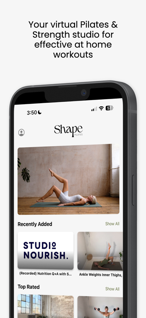 iPhone display showing the Shape Pilates London app with various Pilates and strength home workout videos