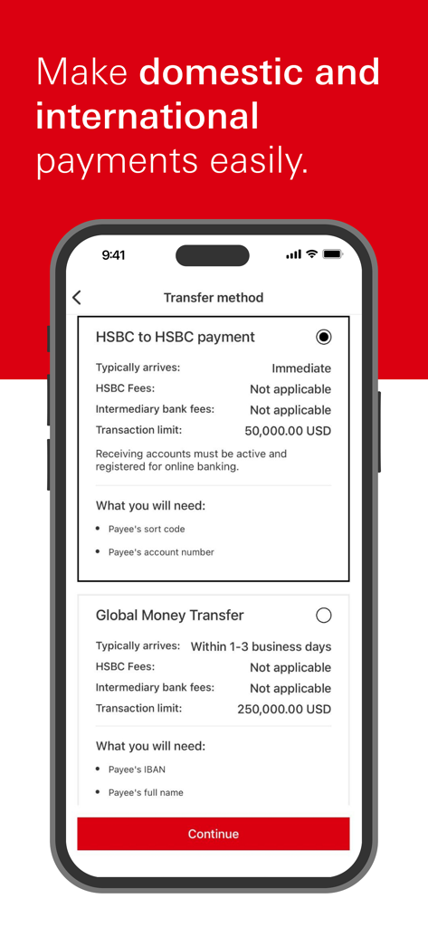 HSBC US mobile banking app screen for domestic and international money transfers.