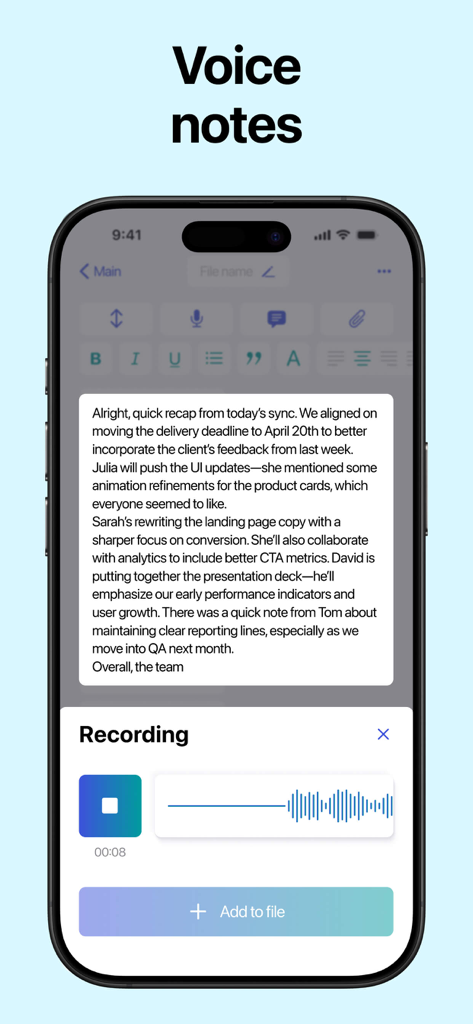 Notebook: Note Taking - Voice notes recording interface in the Notebook app