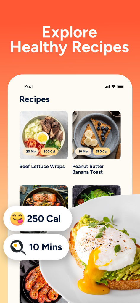 Eato®: Calorie Counter - Healthy recipes interface in the Eato app displaying meal options with calorie counts and preparation times