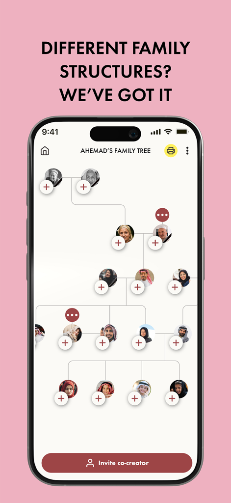 A mobile screen showing a complex family tree visualization with circular profile photos and connected branches.