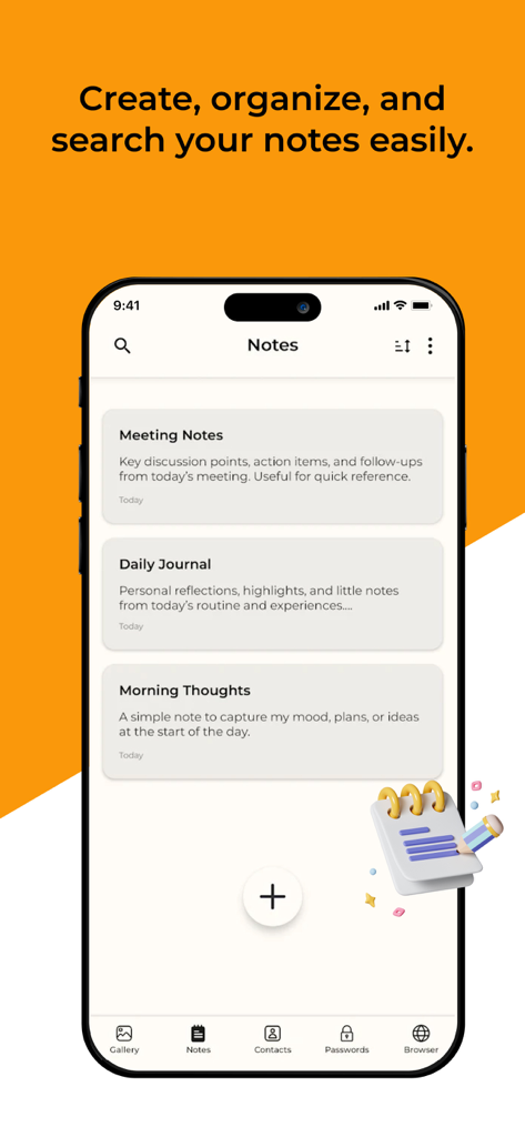 Secrete Calculator Lock Vault - Interface of the Secret Calculator Lock Vault app showing the private notes management screen with folders for journals and meeting notes.